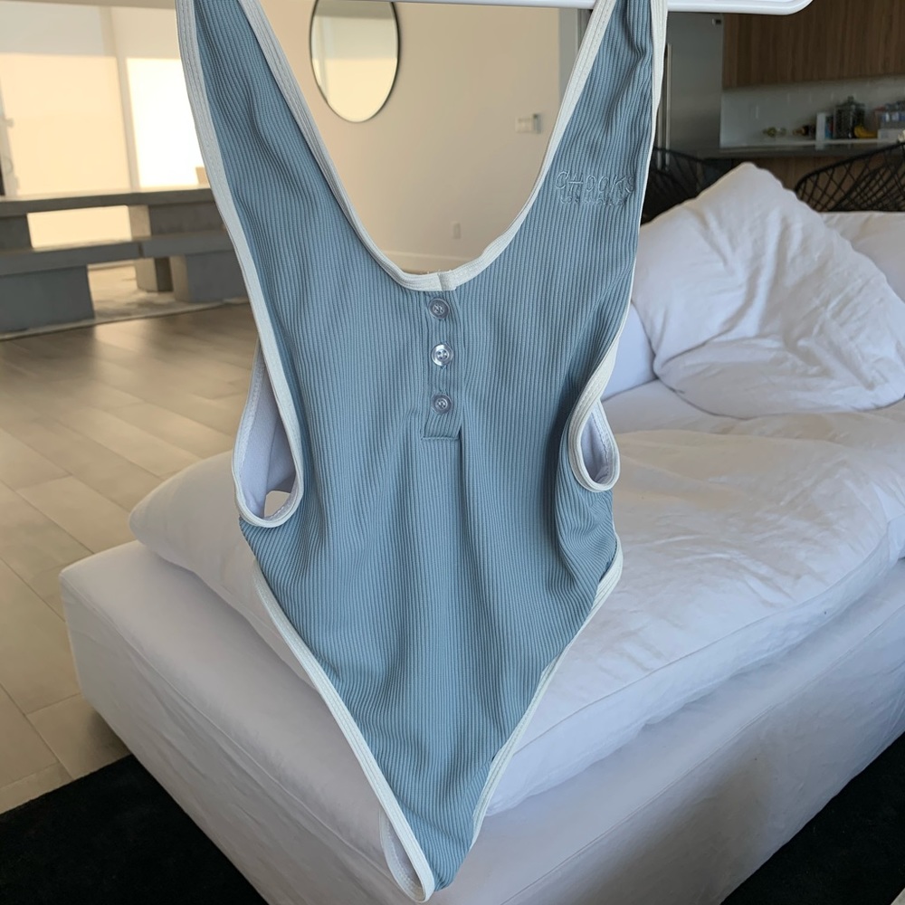 Boutine LA Sage Green Ribbed One-Piece Swimsuit with White Trim